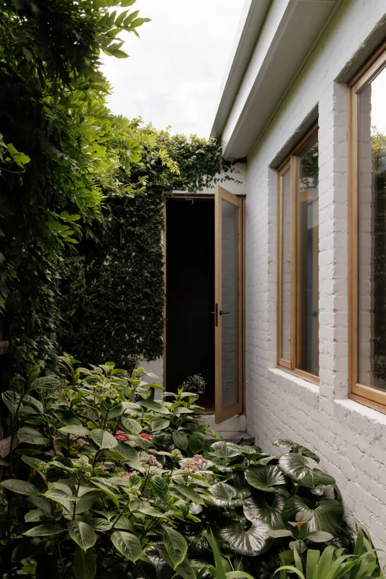 Narrow planted courtyard beside a whitewashed brick house with timber-framed windows
