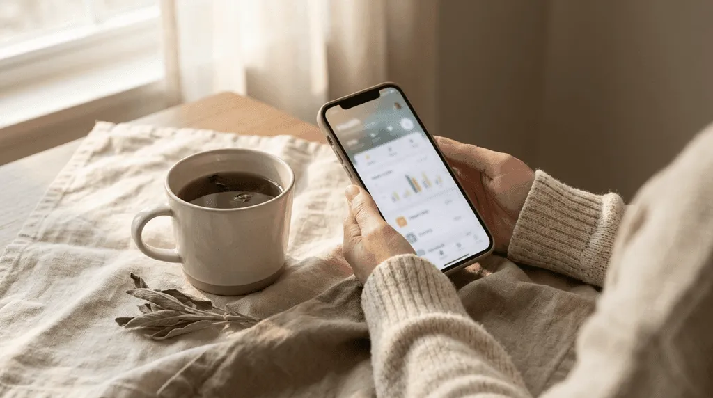 Woman holding cell phone looking at results with a cup of coffee near her