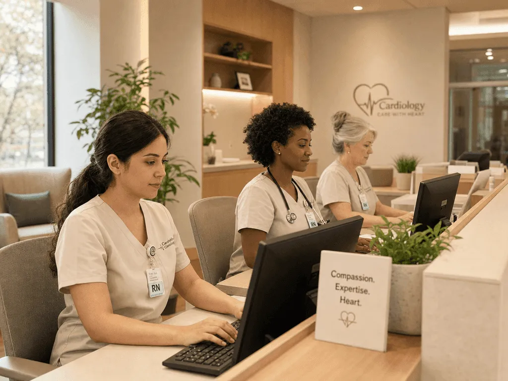 Three nurses working at computers in a cardiology office