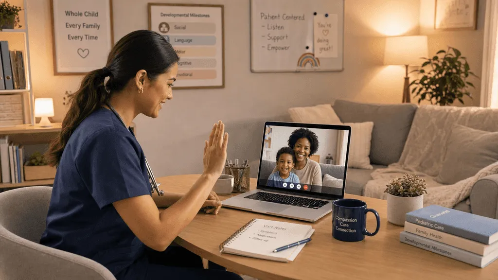 A pediatric video call with mom and child on laptop screen