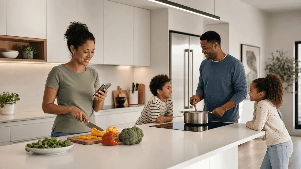 Family in kitchen cooking, mom looking at her phone