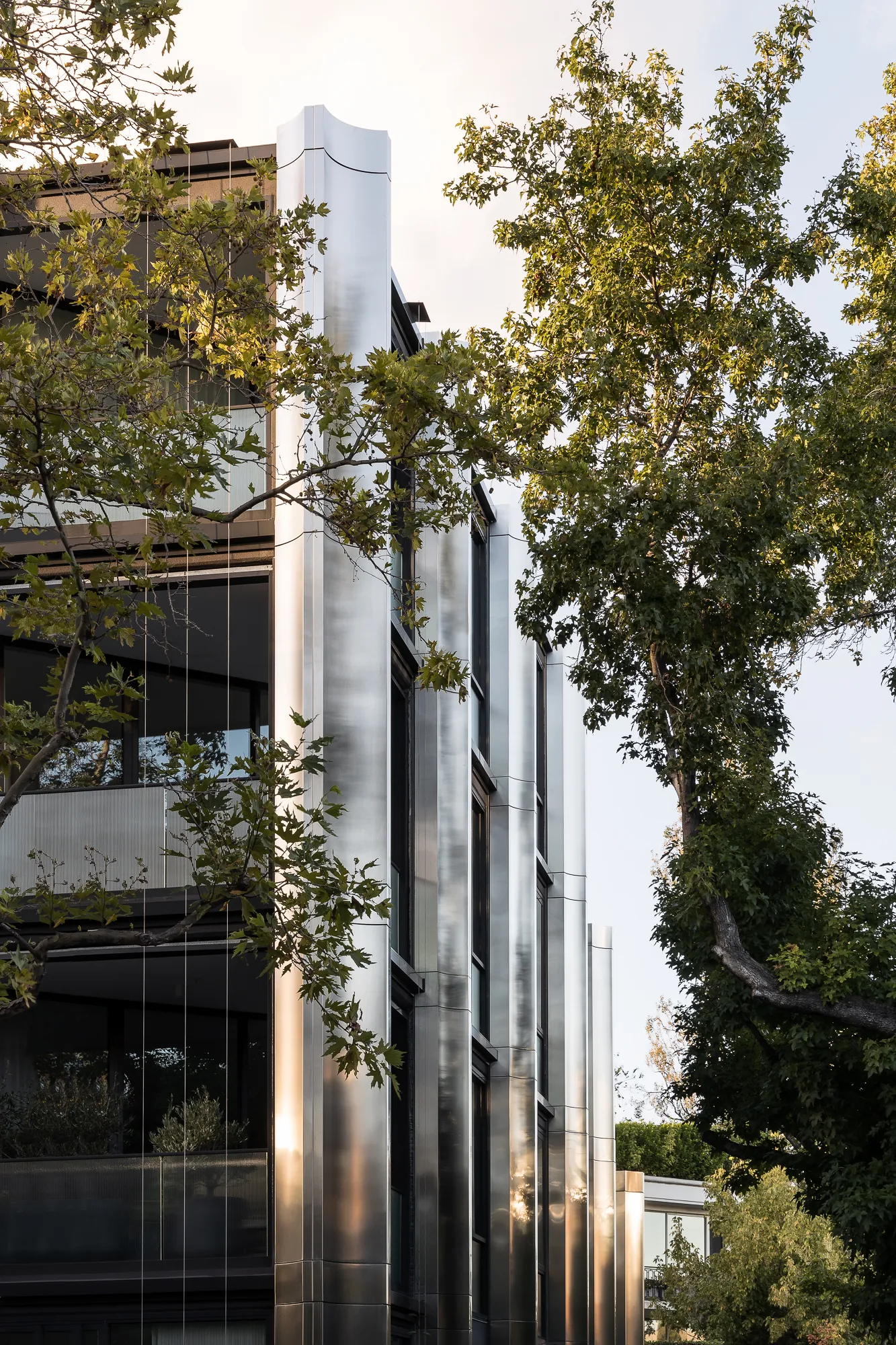 Brushed metal apartment facade with deep balconies, seen through plane trees at golden hour